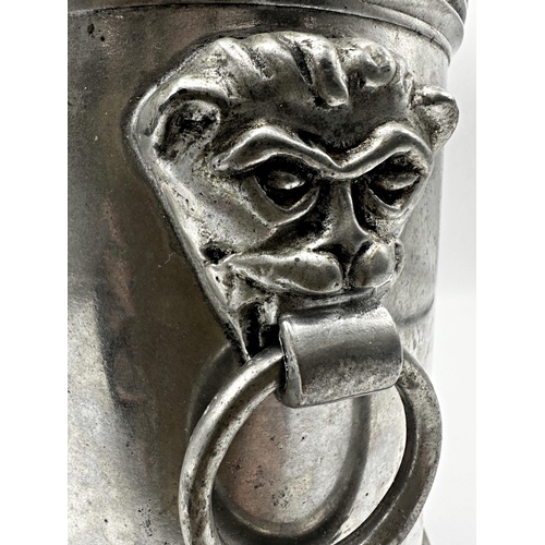 308 - Unusual 19th century continental pewter lidded barrel with grotesque mask twin ring handles and claw... 