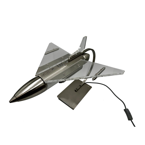 2183 - Great novelty desk lamp in the form of a fighter jet aeroplane, stainless steel frame and Lucite win... 