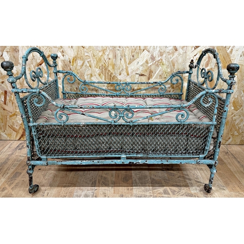 387 - Great novelty 19th century dogs bed, wrought iron frame with original paint and mattress, 44cm H x 5... 