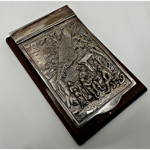 1167 - Probably Dutch silver notepad cover, the hinged panel cast with an exterior tavern scene with musici... 