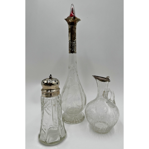 1168 - Good Edwardian silver collared bottle neck glass decanter, etched with scrolled foliage, 35cm high (... 