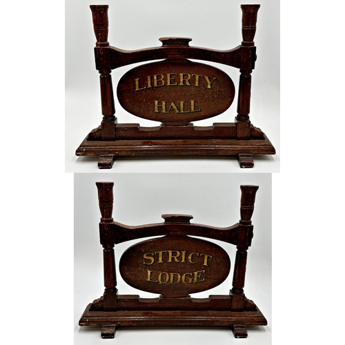 263 - Good pair of Masonic twin branch wooden candlesticks, with revolving 'Liberty Hall' 'Strict Lodge' p... 