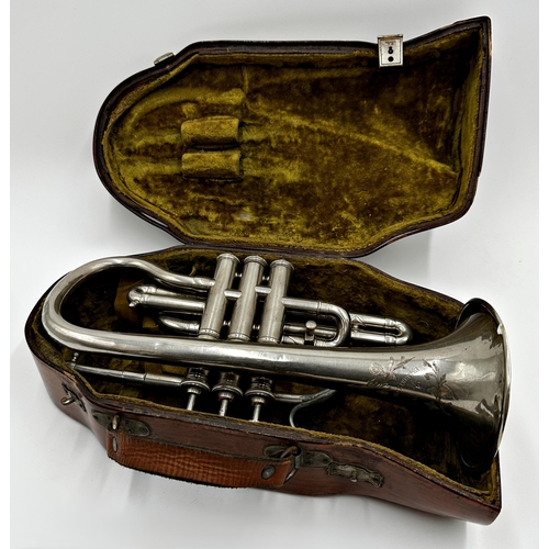 390 - Antique silver plate trumpet within a good wooden case 20 x 35cm