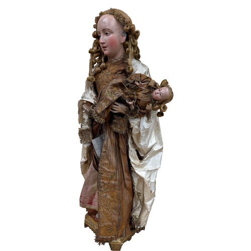 392 - Exceptional quality 19th century gesso Madonna and child, with original gold thread and silk robes, ... 