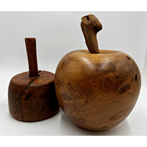 275 - Large fruitwood apple, 31cm high with a further wooden masonry mallet (2)