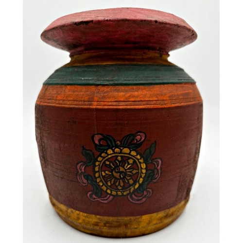 276 - Vintage hand painted Indian lidded wooden pot, 23cm high