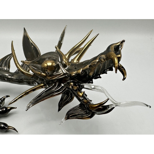 168 - Murano glass dragon with lustre wings and metallic body, 58cm long