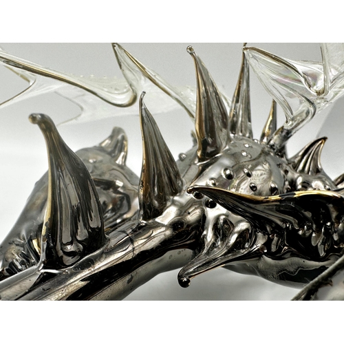 168 - Murano glass dragon with lustre wings and metallic body, 58cm long