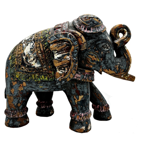 213 - Indian carved wooden painted elephant, 30cm high x 33cm long