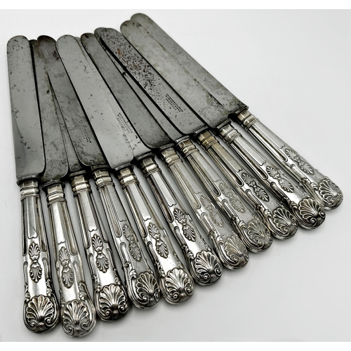 1164 - Eleven antique white metal kings pattern handled steel blade table knives, by Brumby & Middleton, 28... 