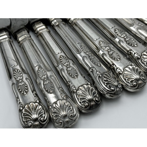 1164 - Eleven antique white metal kings pattern handled steel blade table knives, by Brumby & Middleton, 28... 