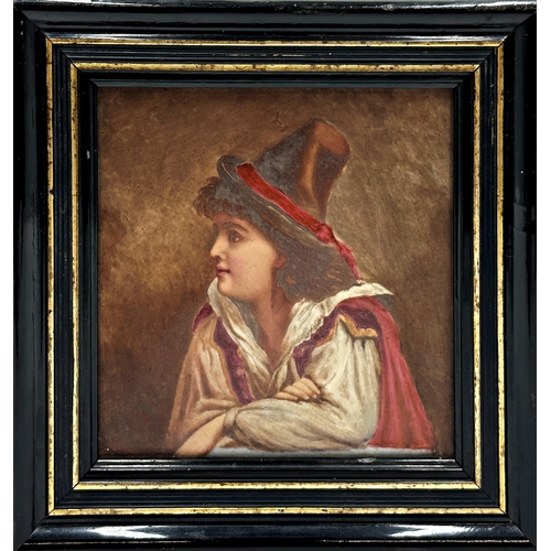 179 - Good quality 19th century tile hand painted with a bust portrait 15cm x 15cm, framed