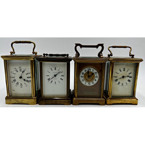 1053 - Four brass cased carriage clocks 11cm high