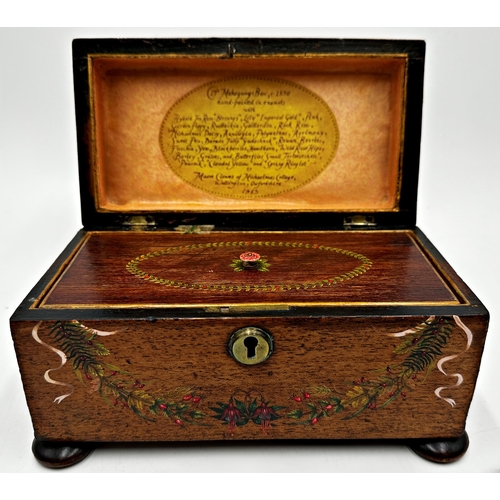 279 - Exceptional quality Georgian mahogany caddy, the box hand painted with bouquets of flowers, butterfl... 