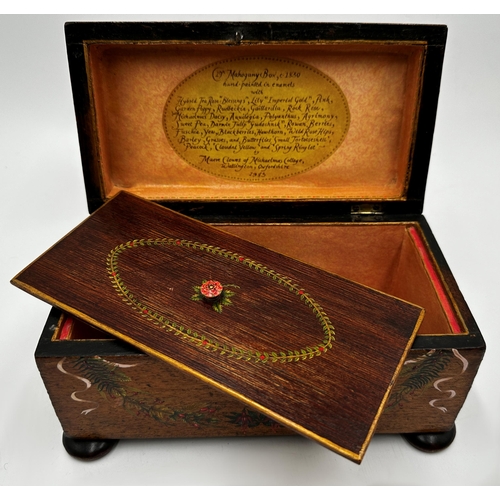 279 - Exceptional quality Georgian mahogany caddy, the box hand painted with bouquets of flowers, butterfl... 