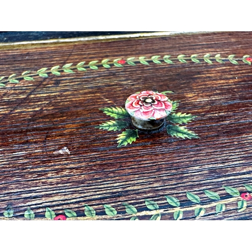 279 - Exceptional quality Georgian mahogany caddy, the box hand painted with bouquets of flowers, butterfl... 