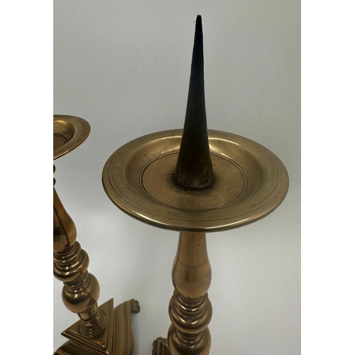 336 - Good quality pair of antique bell metal pricket sticks with tri form bases, 37cm high (2)