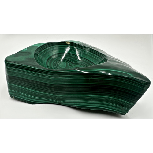 398 - Good quality carved malachite dish/ashtray, of triangular form, 7cm high x 18cm long