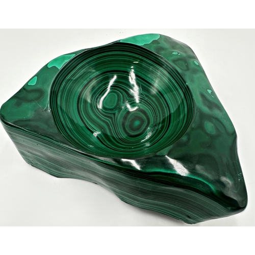 398 - Good quality carved malachite dish/ashtray, of triangular form, 7cm high x 18cm long