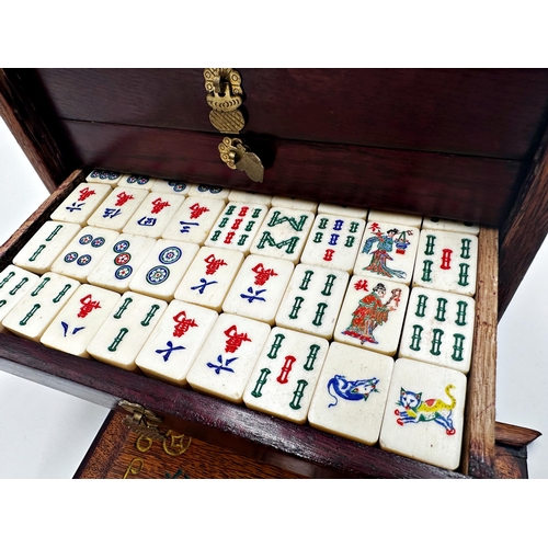 221 - Good quality complete vintage cased mahjong set the oak box with lid engraved with Chinese character... 