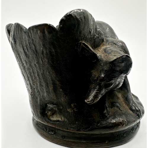 337 - Good quality bronze ink well or spill vase, cast as a fox by a tree stump, 6cm high