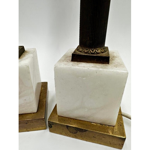 2199 - Pair of brass and alabaster Corinthian column table lamps, 35cm high