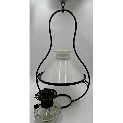 2201 - Victorian brass framed hanging hall lantern, with opaline shade and glass reservoir burner stamped H... 