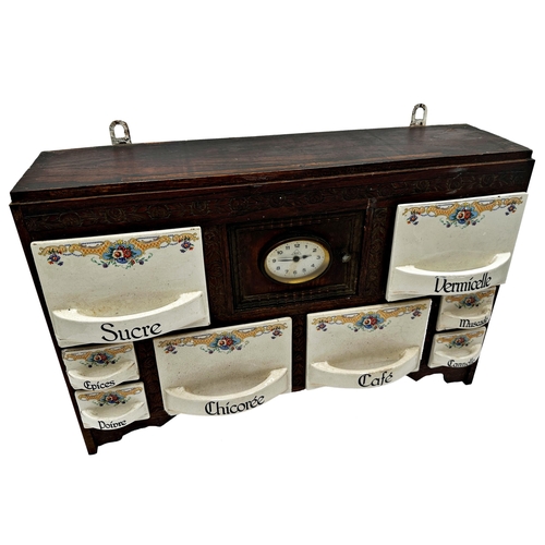 290 - Good vintage table top spice or tea chest, with eight ceramic drawers and small door fitted with a c... 