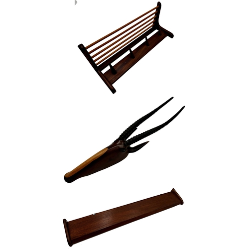 2261 - Good Danish teak luggage rack, with four turned pegs, 56cm long, with further crossbanded Danish tea... 