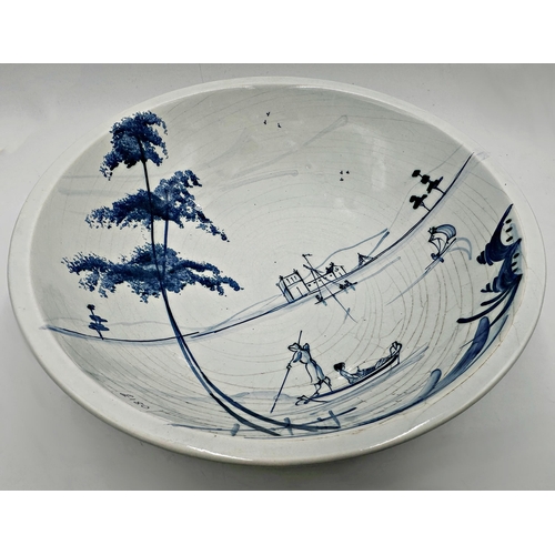 191 - Isis blue and white pottery, with lakeside landscape decoration, charger, fruit bowl and plate (3)