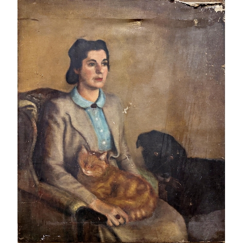 2463 - Early 20th century school - portrait of a seated lady with dog and cat, unsigned, Frost and Reed lab... 