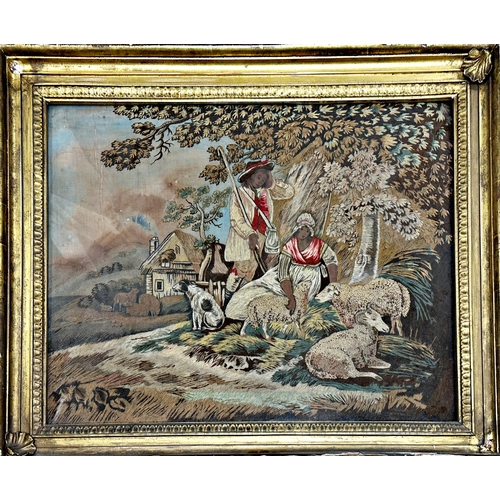 462 - Good 19th century needlepoint picture of shepherd under a tree, 50 x 66cm, gilt frame