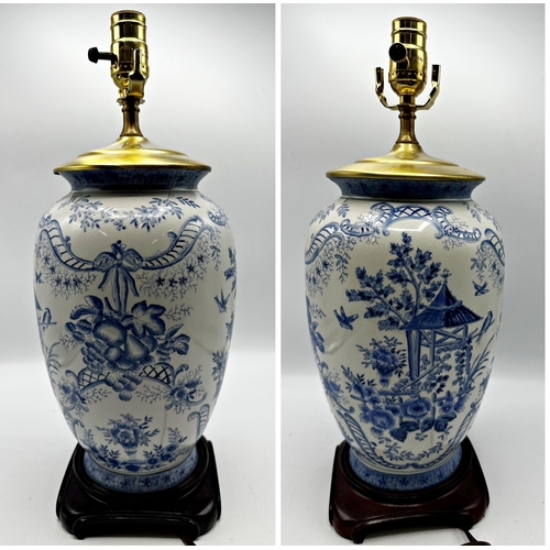 2202 - Pair of delft porcelain baluster table lamps, 48cm high (shades present)