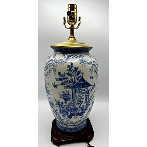 2202 - Pair of delft porcelain baluster table lamps, 48cm high (shades present)