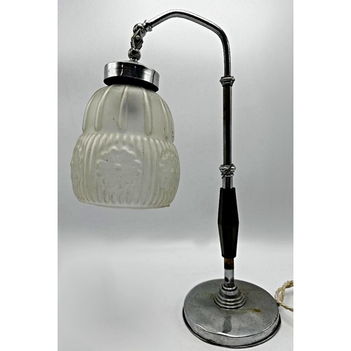 2206 - Art Deco chrome and Bakelite students lamp with hinged bracket arched glass shade, 39cm high (adjust... 