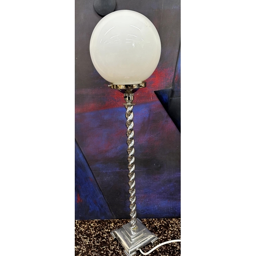 2208 - Unusual large Art Deco chrome floor or table lamp, with barley twist column and opaline globe shade,... 