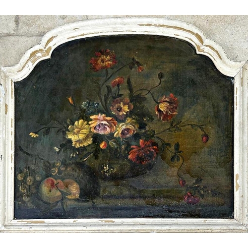 2471 - 19th century French school - still life of flowers and fruit, unsigned, oil on shaped panel, 51 x 62... 