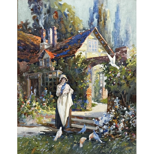 2475 - Early 20th century Continental school - lady and birds in a garden, indistinctly signed and dated (1... 