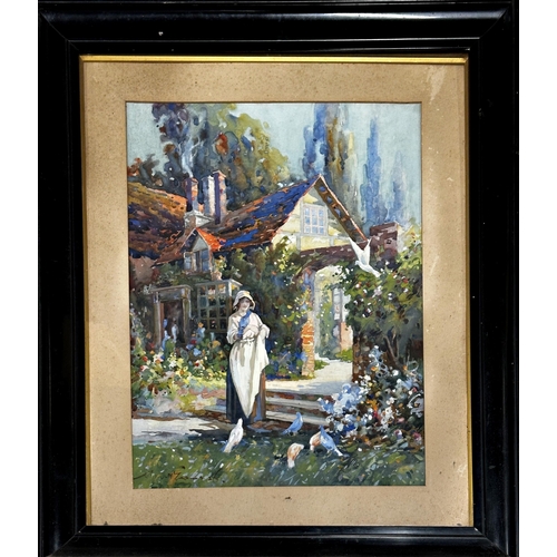 2475 - Early 20th century Continental school - lady and birds in a garden, indistinctly signed and dated (1... 