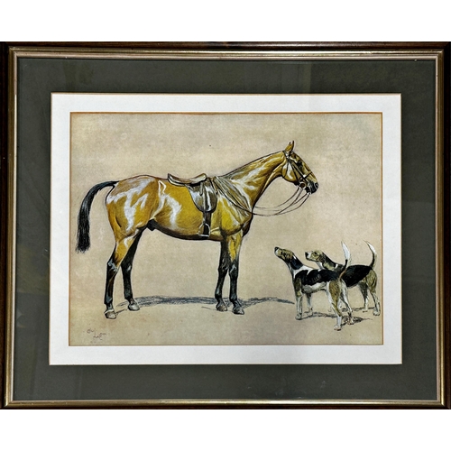 2483 - Cecil Aldin (1870-1935) - 'Brains', hunter and two foxhounds, colour print, 37 x 50cm, framed