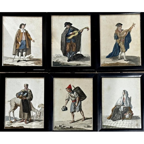 2474 - Set of six 19th century colour engravings of standing Continental characters, 25 x 17cm, framed