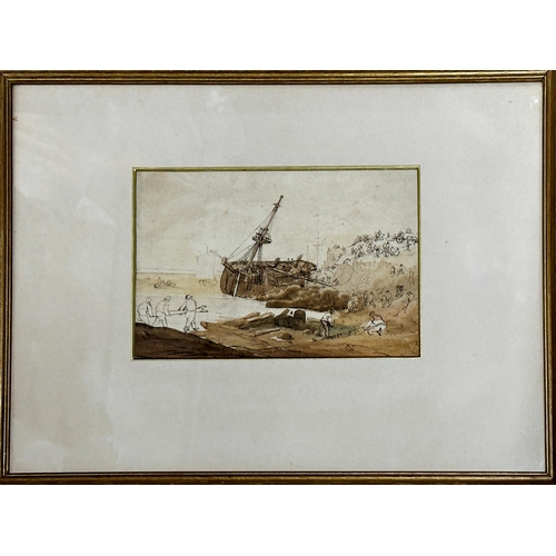 2497 - Thomas Rowlandson (1756-1827) - Marine scene with figures swarming a shipwreck, unsigned, brown wash... 