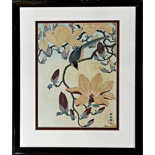 2498 - Japanese school - bird in blossom, signed, watercolour, 35 x 23cm, framed