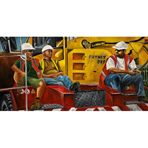 2289 - Darren Patrick O'Mally (20th / 21st century) - Men At Work!, signed, oil on canvas, 60 x 120cm, fram... 