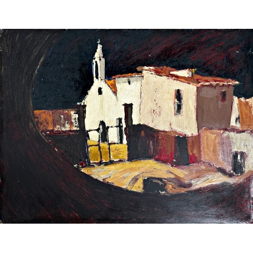 2291 - 20th century Spanish school - village landscape, unsigned, oil on board, 42 x 56cm, unframed