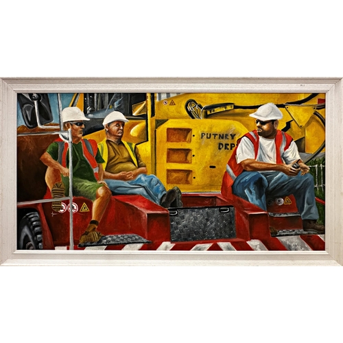 2289 - Darren Patrick O'Mally (20th / 21st century) - Men At Work!, signed, oil on canvas, 60 x 120cm, fram... 