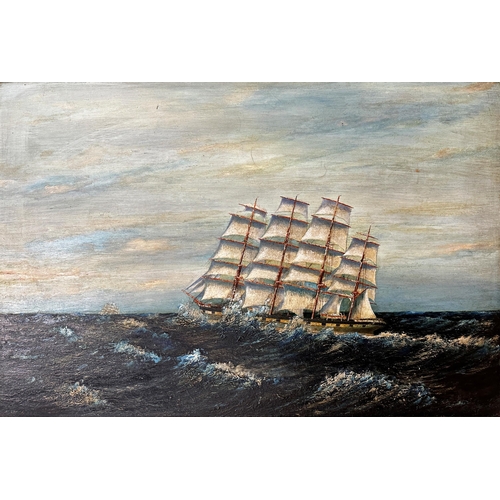 2508 - Naïve school - four mast sailing vessel on choppy waters, signed Capt A Axe, oil on board, 59 x 90cm... 