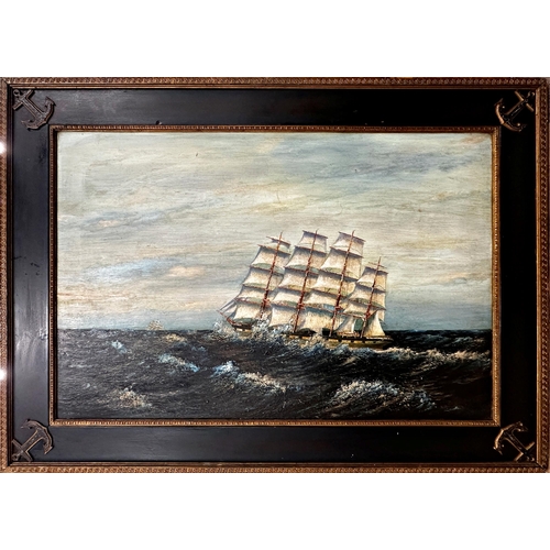 2508 - Naïve school - four mast sailing vessel on choppy waters, signed Capt A Axe, oil on board, 59 x 90cm... 