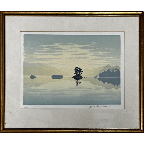 2295 - Jane Gardiner (20 century) - four lakeside landscapes, signed, screen print (one Artist Proof), fram... 