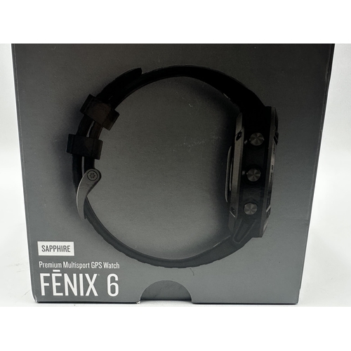 1031 - Garmin Fenix 6, 47mm case, sapphire Carbo Grey DLC with black band, as new in unopened box